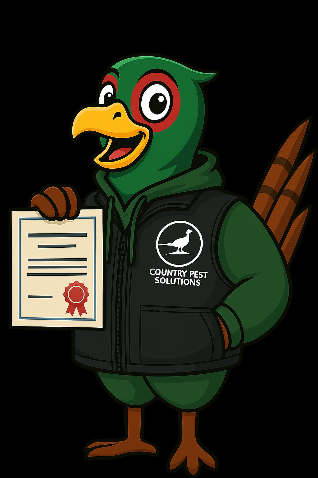 Rusty the Pheasant holding a certificate — fully qualified