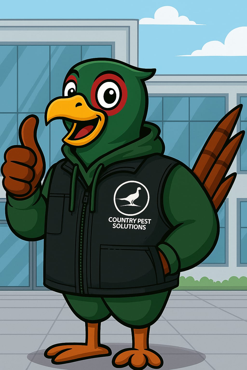 Rusty the Pheasant giving thumbs up outside a commercial building