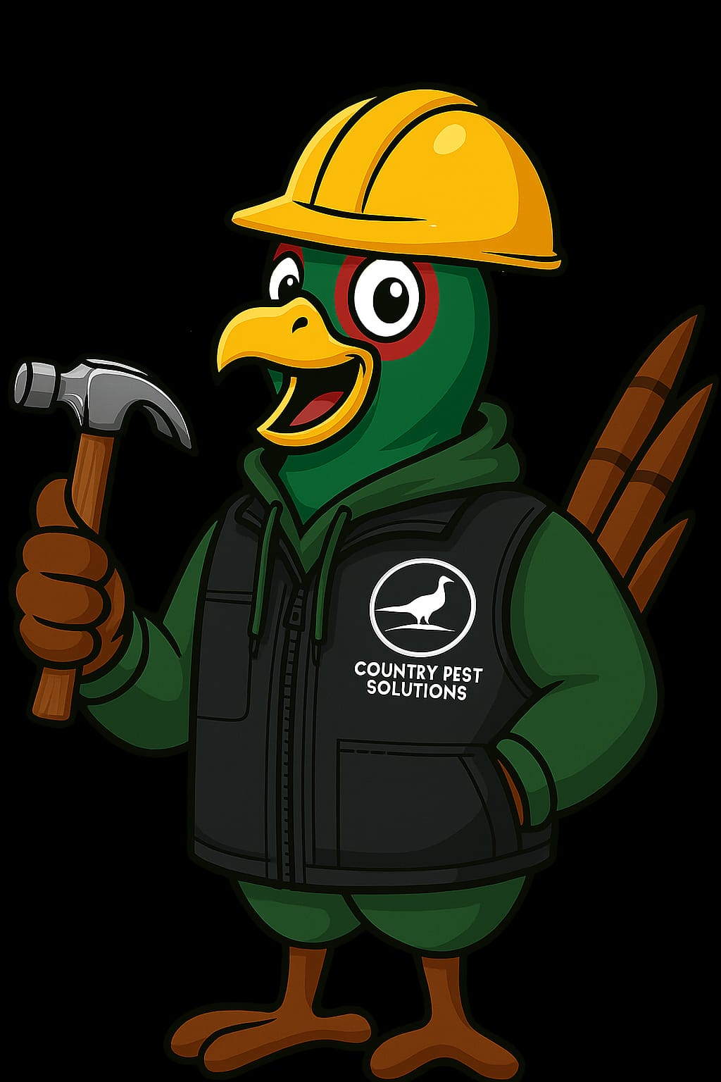 Rusty the Pheasant with hard hat — pest proofing