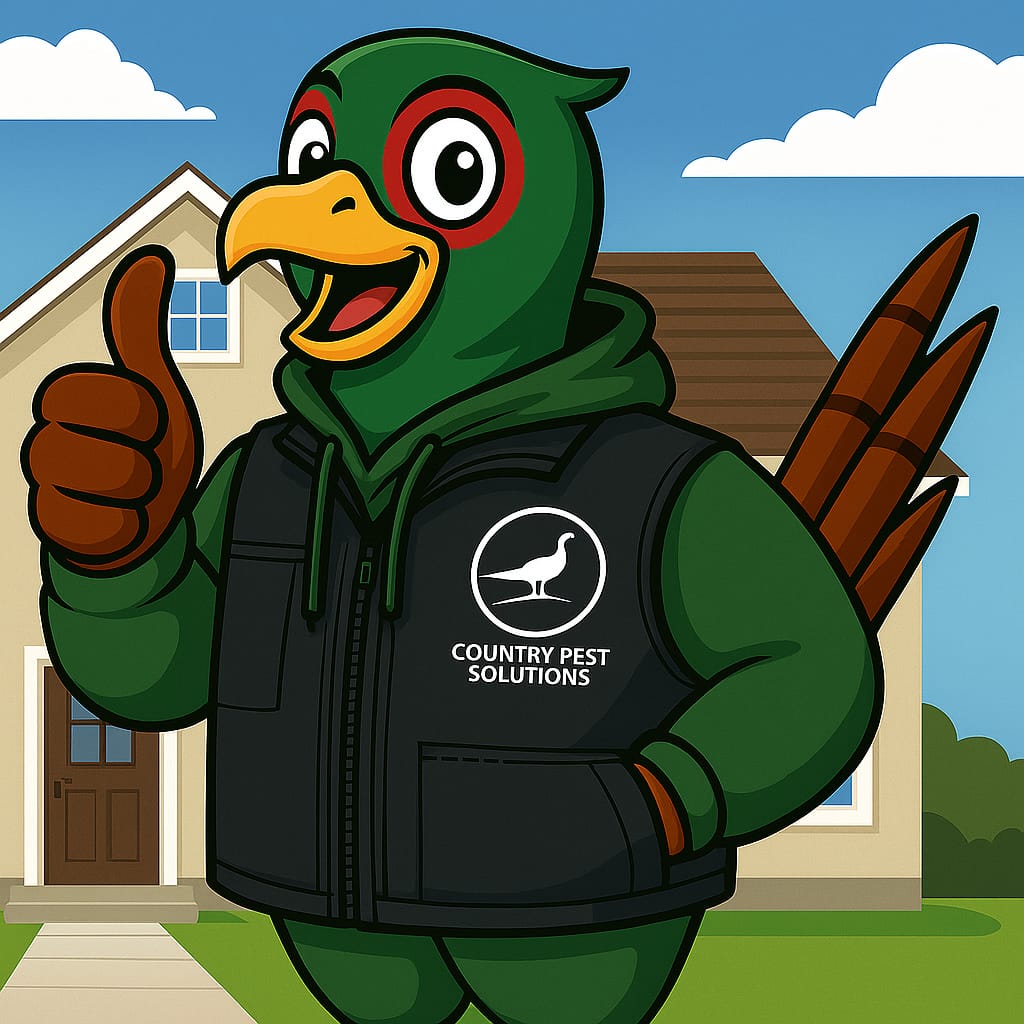 Rusty the Pheasant giving thumbs up outside a house
