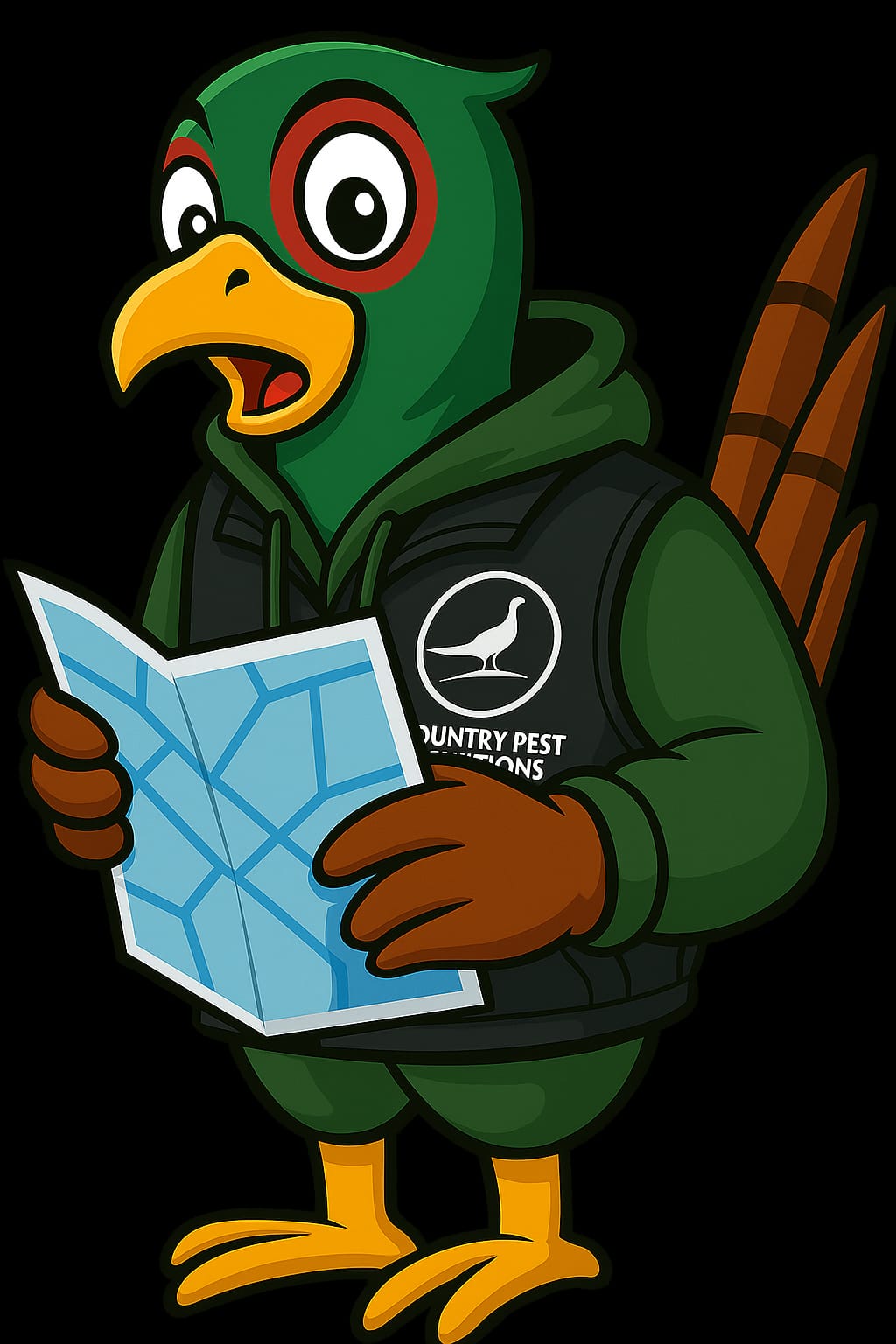 Rusty the Pheasant reading a map — checking our coverage area