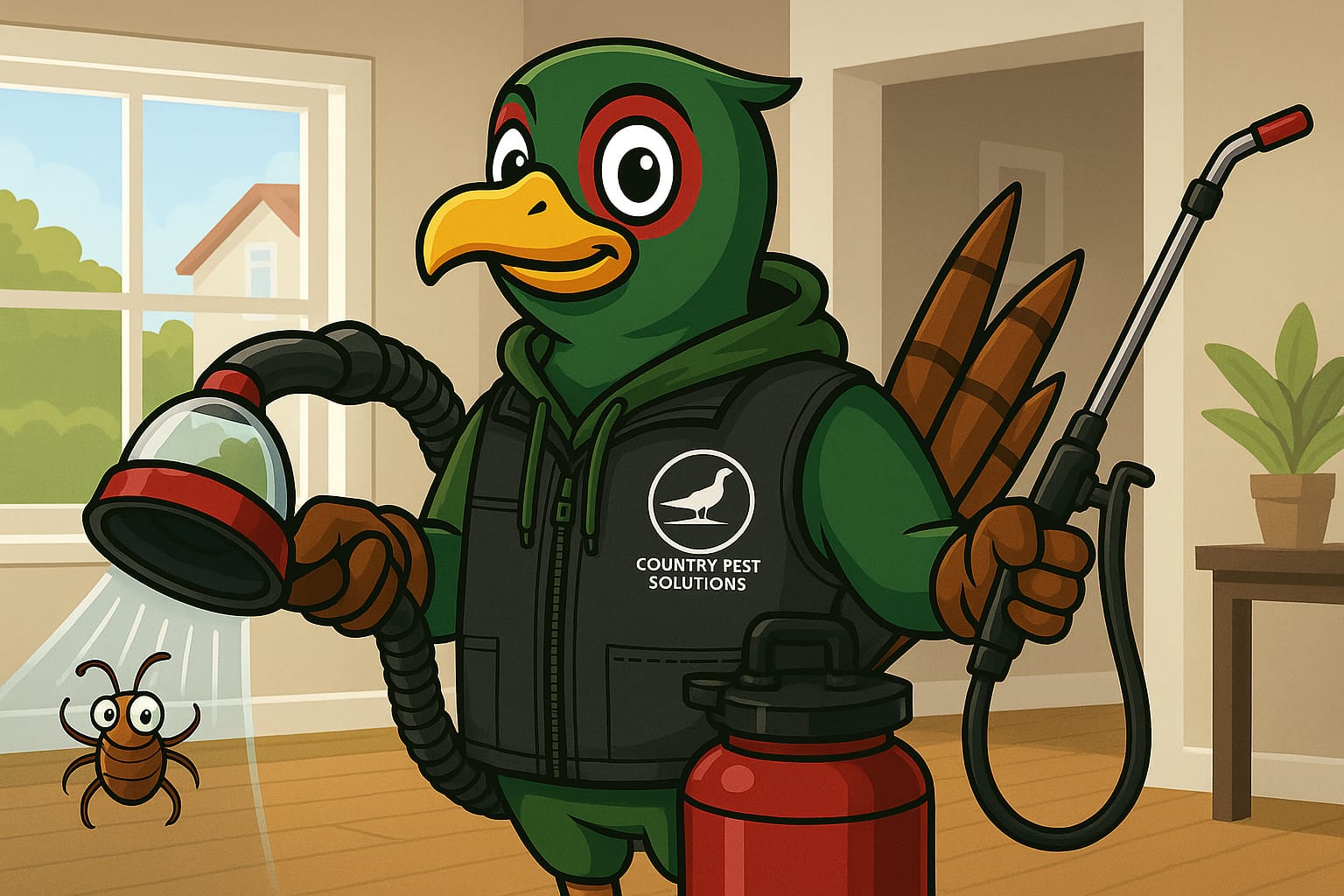 Rusty the Pheasant spraying — domestic pest control